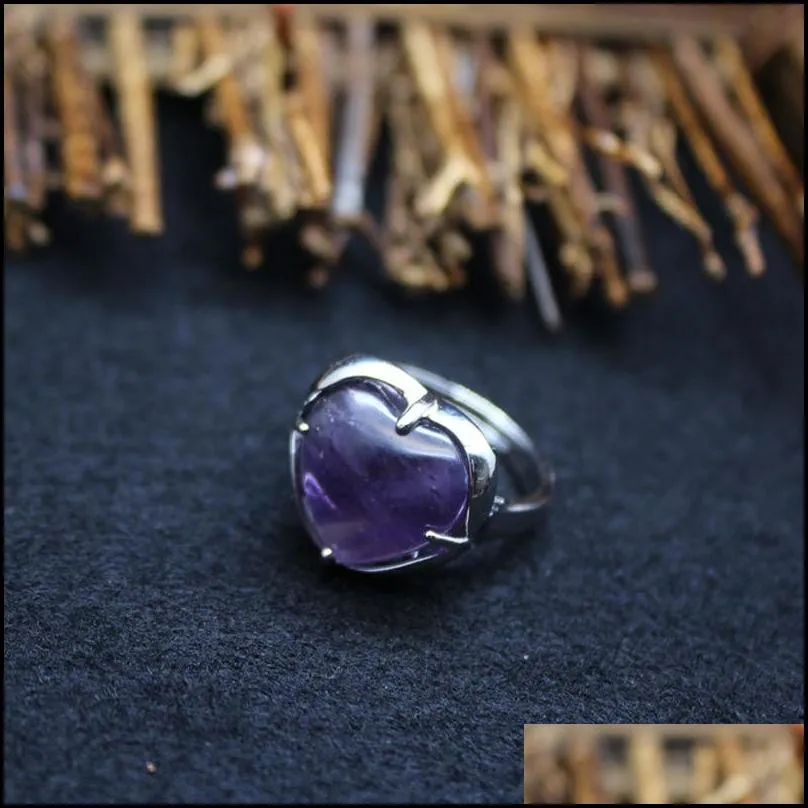 natural stone ring love heart adjustable pink quartz purple rose crystal finger rings for women party