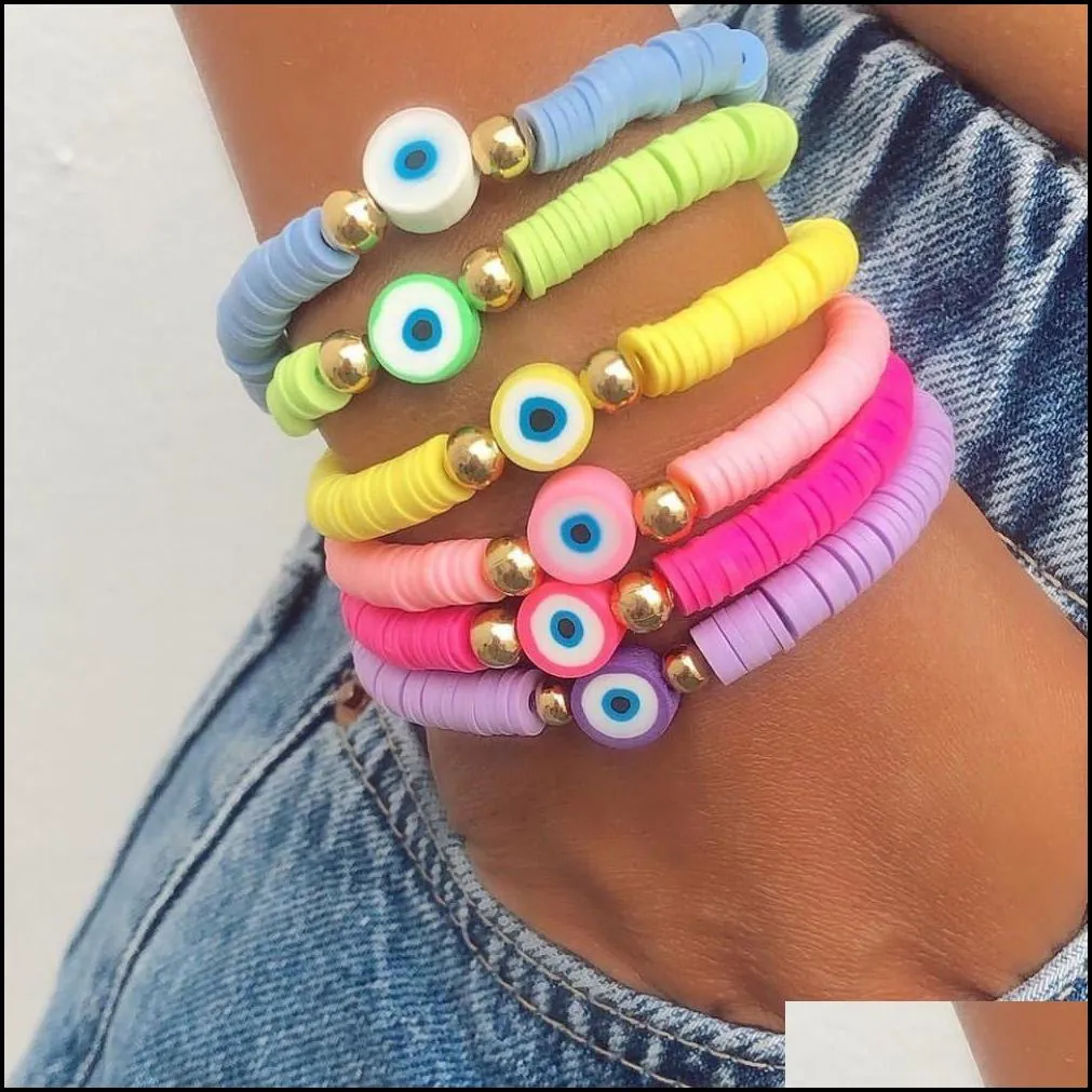 multicolor evil eye bracelet set summer beach jewelry soft polymer clay disc elastic bracelets for women