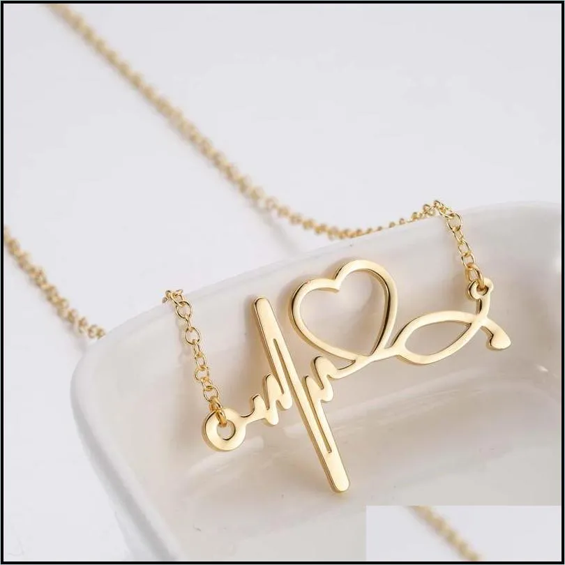 stainless steel love heart necklace women gold heartbeat stud earrings jewelry sets for girls wedding jewelry