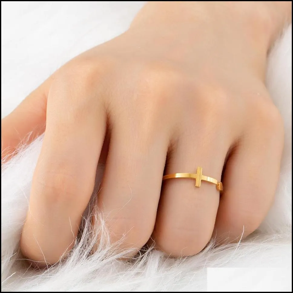 jesus cross ring for women men christian jewelry gold resizable bague simple stainless steel knuckle rings