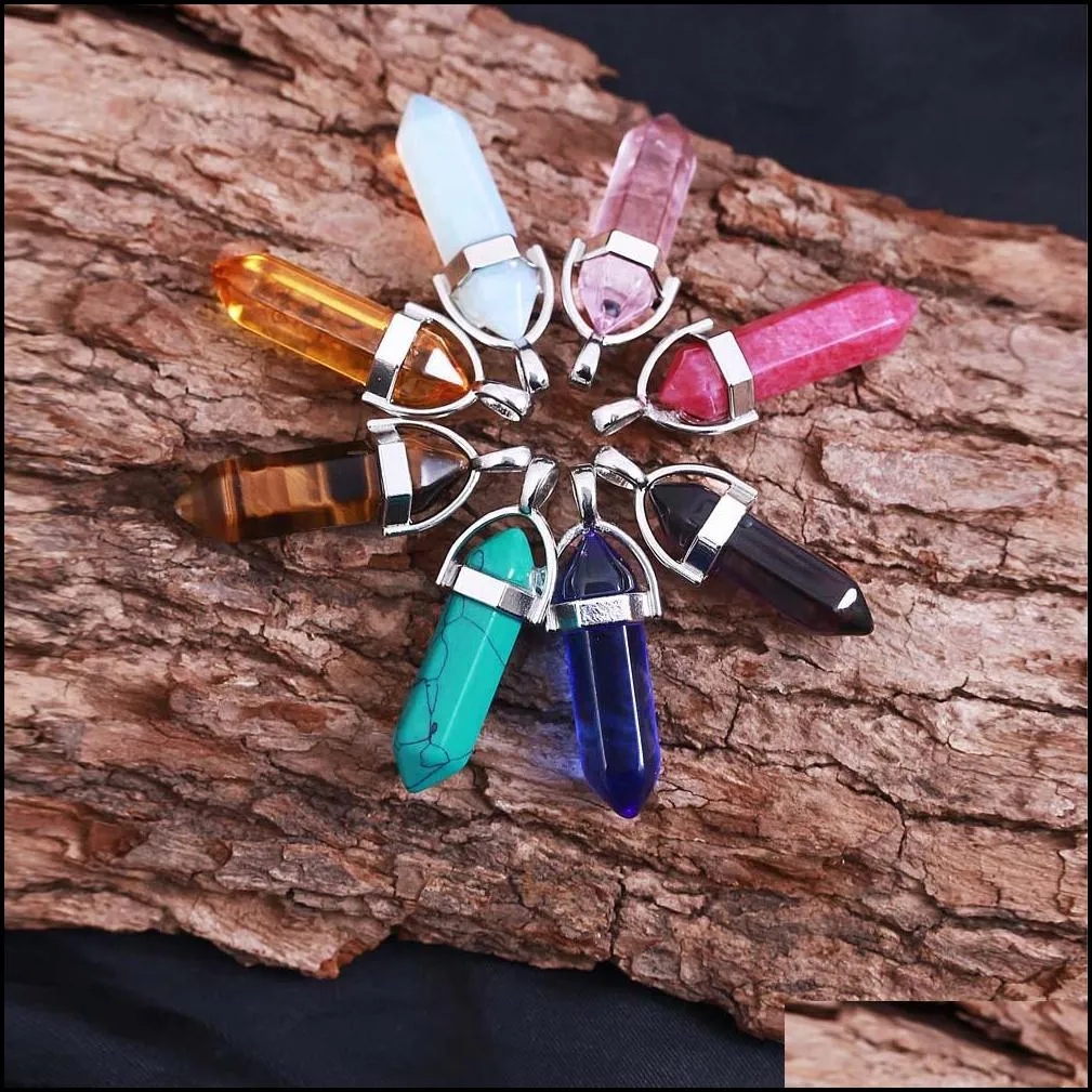 10 pcs / pack hexagonal crystal bullet shape charm for necklace and bracelets mulit color natural stone pendants diy jewelry making
