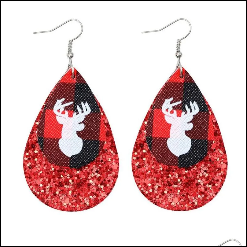 christmas tree pu leather earring red plaid sequin lattice water drop earring christmas deer head ear jewelry for women