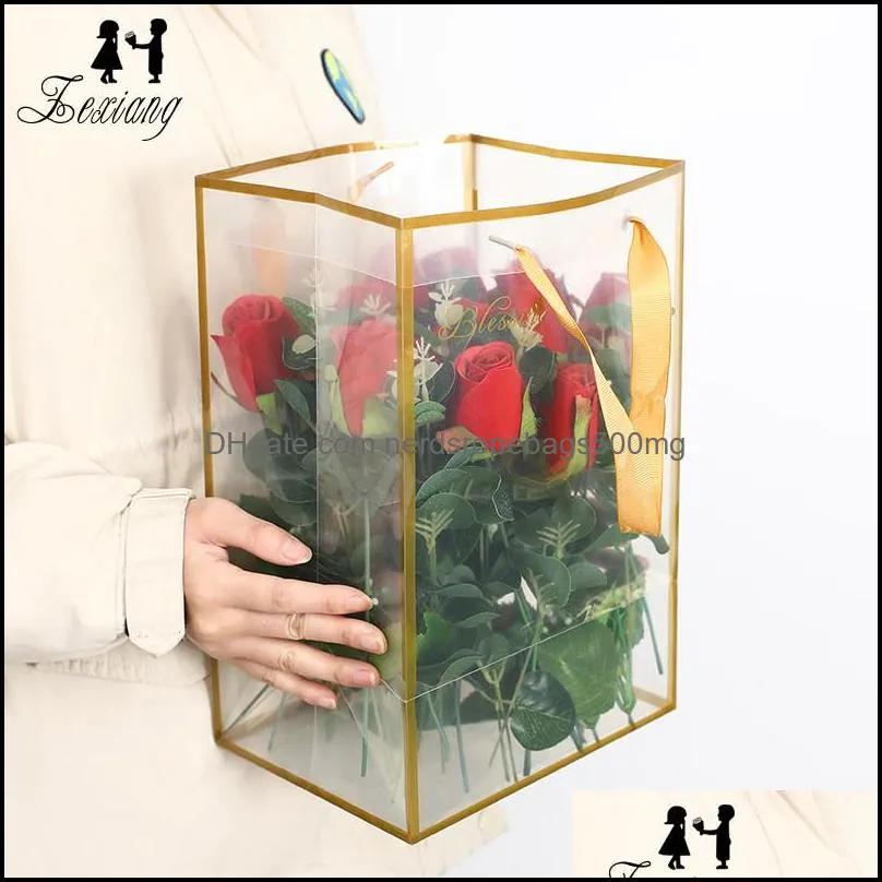 florist flower package bag clear pvc flower bouquet package bag with handle valentine day birthday day flower gift package pouch