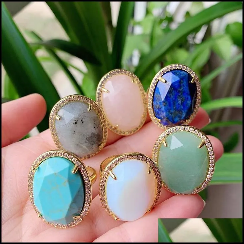 natural agates rhinestone crystal ring pink quartz lapis labradorite opal stone opening cuff rings women party wedding jewelry