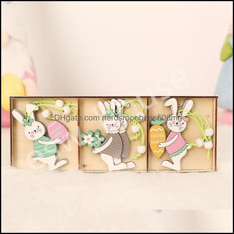 9pcs/box easter party favors wooden rabbit chick eggs pendants with hanging rope easter home decoration
