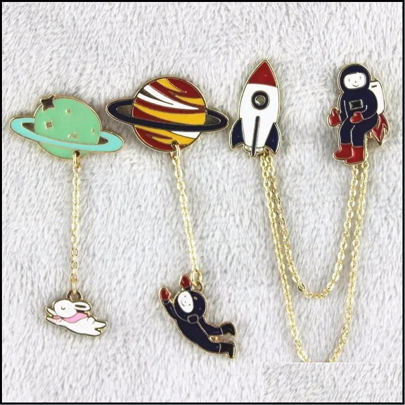 fashion new design planet brooches three style earth astronauts rabbit girl enamel animal brooch pins for kids women badges clothes