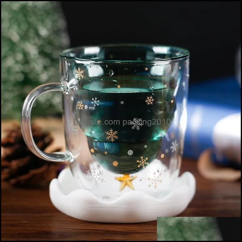 newcute christmas tree mug double wall glass coffee cups with silocone lid snowflake star xmas gift wine tea milk water tumbler 833 b3