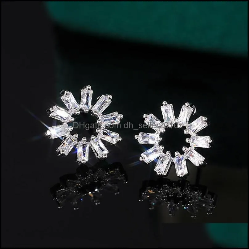 stud romantic hollow out flower design girl earrings silver color inlaid brilliant cz stylish versatile women jewelry