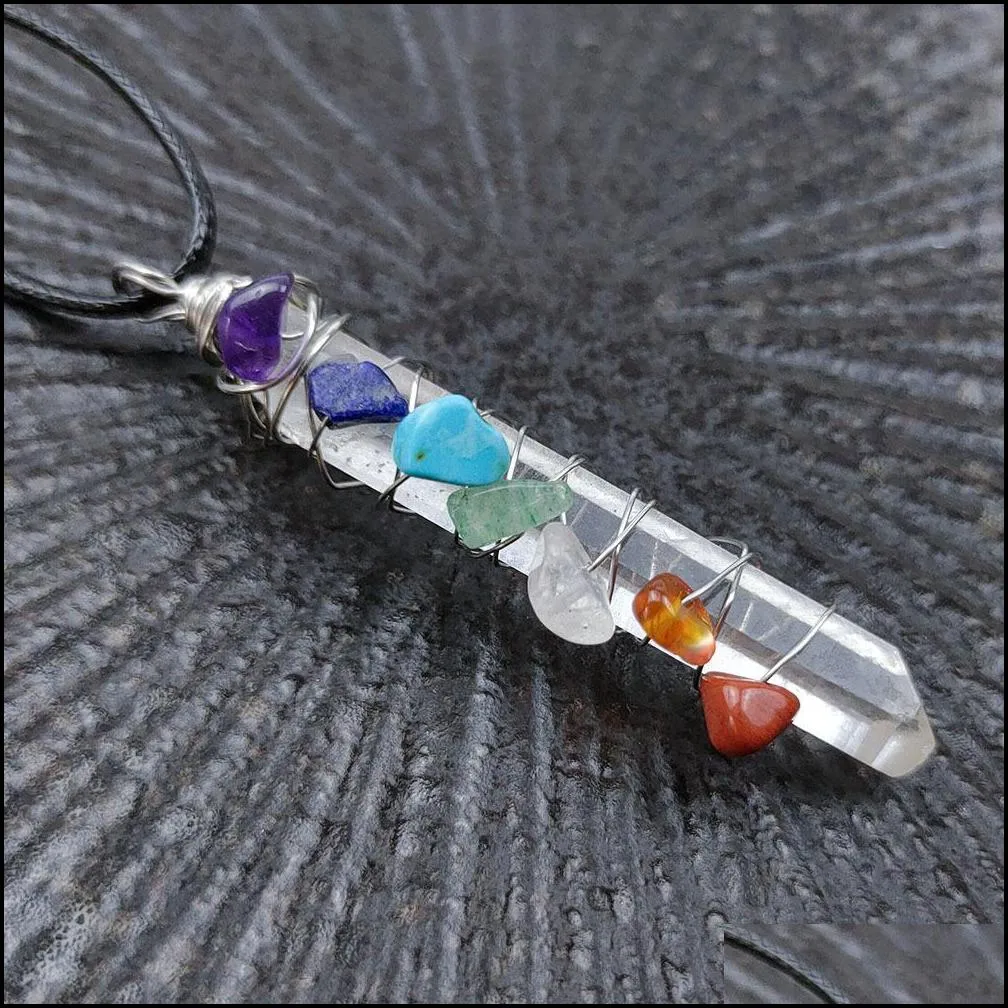 reiki healing crystal cylinder chips stone bead seven chakra energy pendant necklaces pendulum amulet orgonite necklace