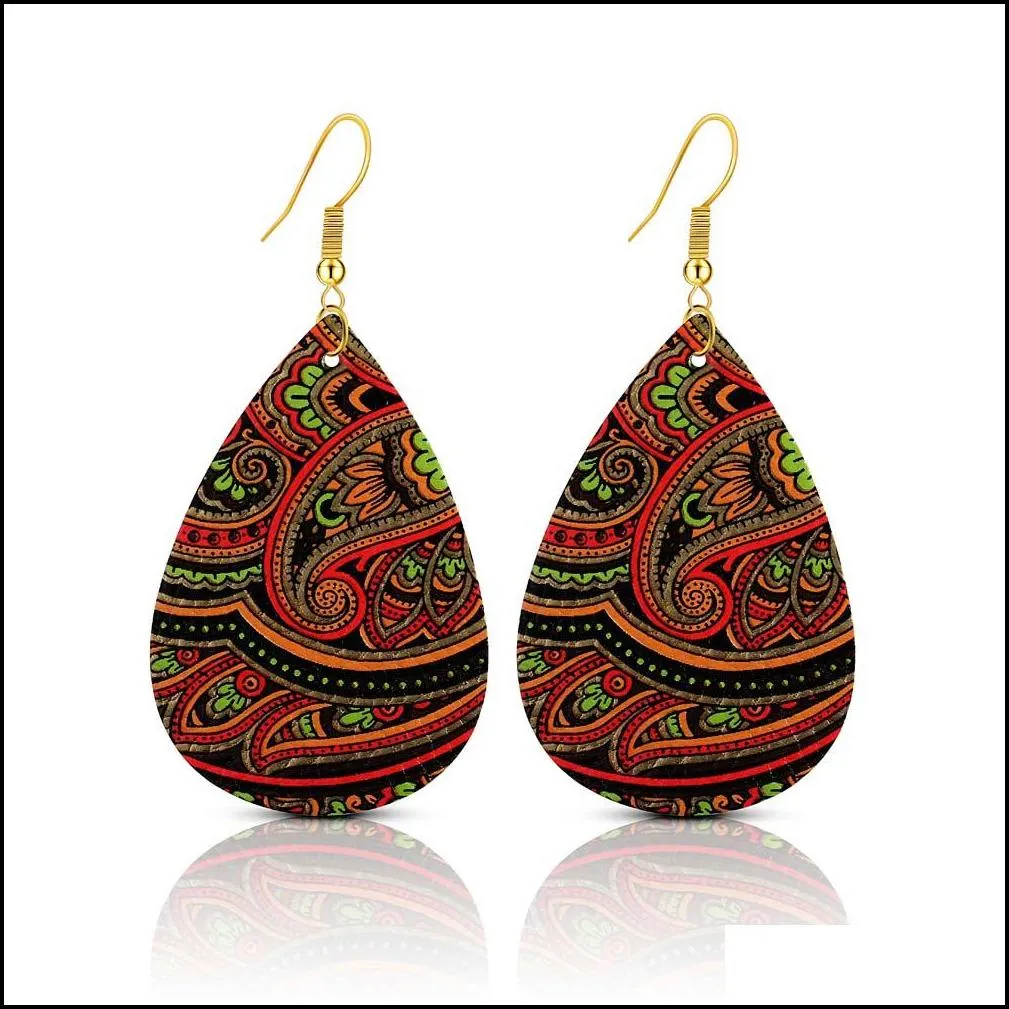 new trendy printing water drop leather earrings for women fashion colorful bohemian statement teardrop earring jewelry gifts