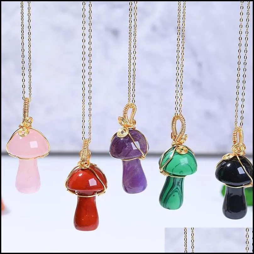 luxurious mushroom carved stone gemstones pendant charms wire wrap women healing crystals figurine pendant necklace jewelry