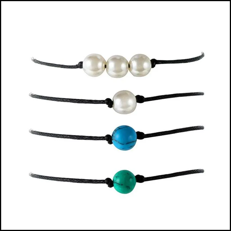 handmade turquoise stone bead anklet pearl bead wax bracelet black string rope bracelets for men women summer beach jewelry gifts