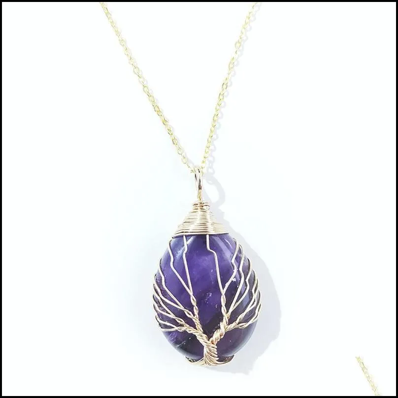 stone crystal waterdrop charms necklaces copper twine tree of life wire wrap pendant amethyst tiger eye rose quartz wholesale jewelry for