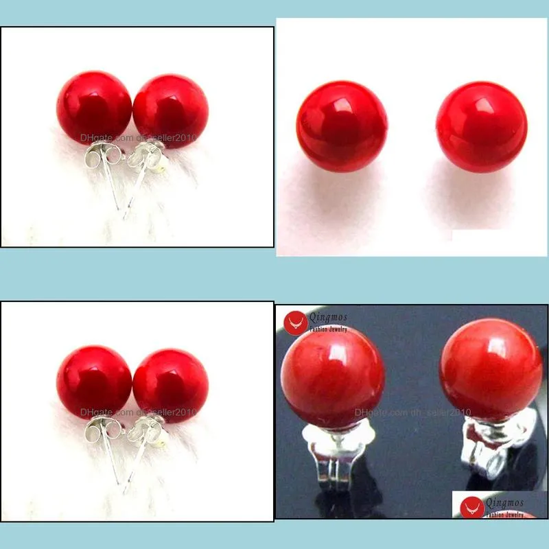 stud qingmos fashion 8mm round natural red coral earring for women with personality design jewelry antique silver plated