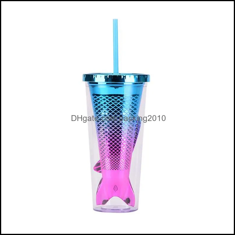 350ml as doublelayer plastic tumbler gradient color mermaid tail electroplated sequined water cups with straws