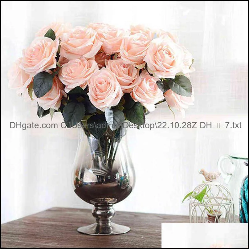 10 heads rose artificial flower big bouquet silk for wedding home party decoration fake fall 211101