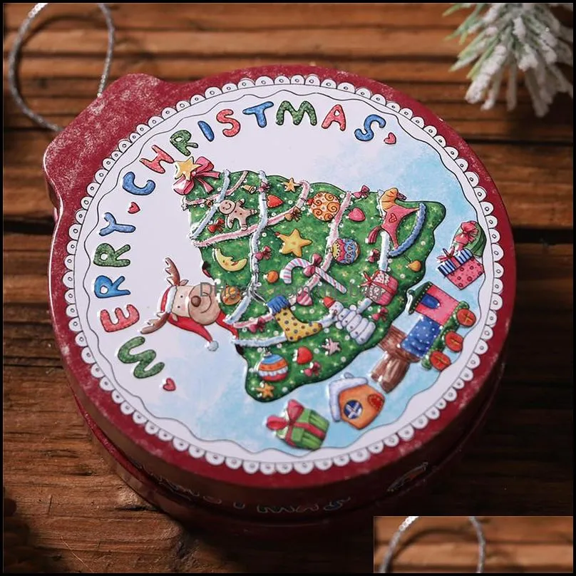 christmas tinplate candy box xmas embossing candy cookie gift storage container christmas candy case with hanging rope