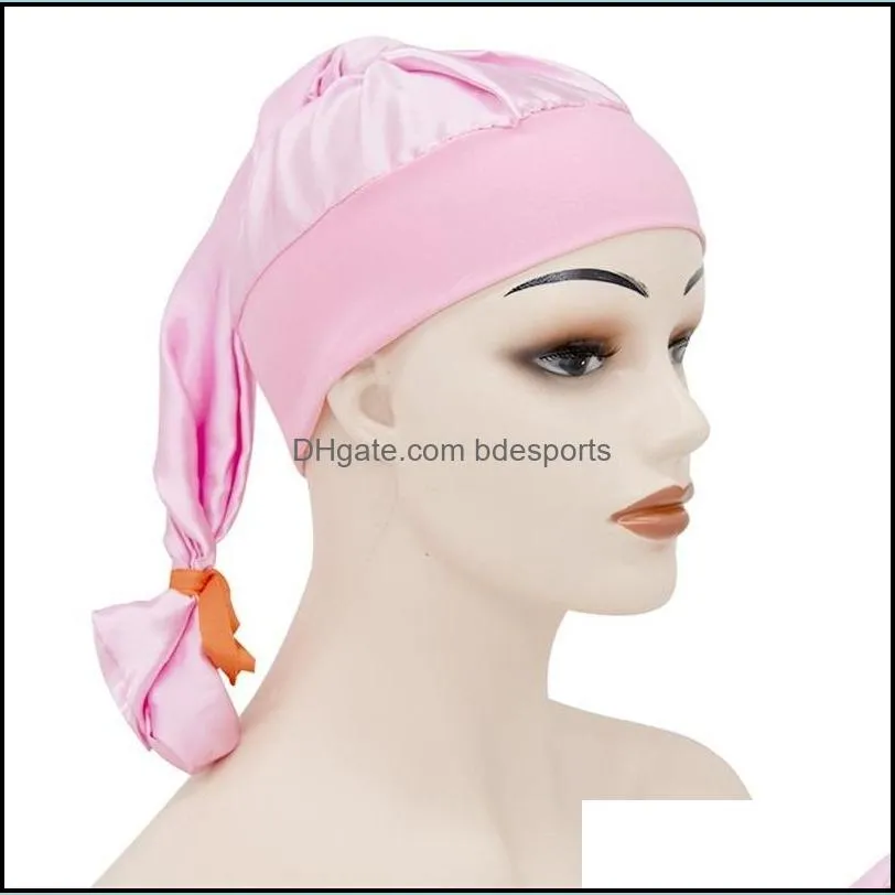 silk satin night caps elasticity long tube headgear fashion lady head wrap droop hair bonnet wide edged popular home 5 68dc g2