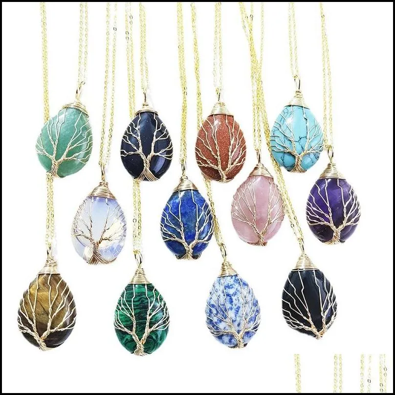 stone crystal waterdrop charms necklaces copper twine tree of life wire wrap pendant amethyst tiger eye rose quartz wholesale jewelry for