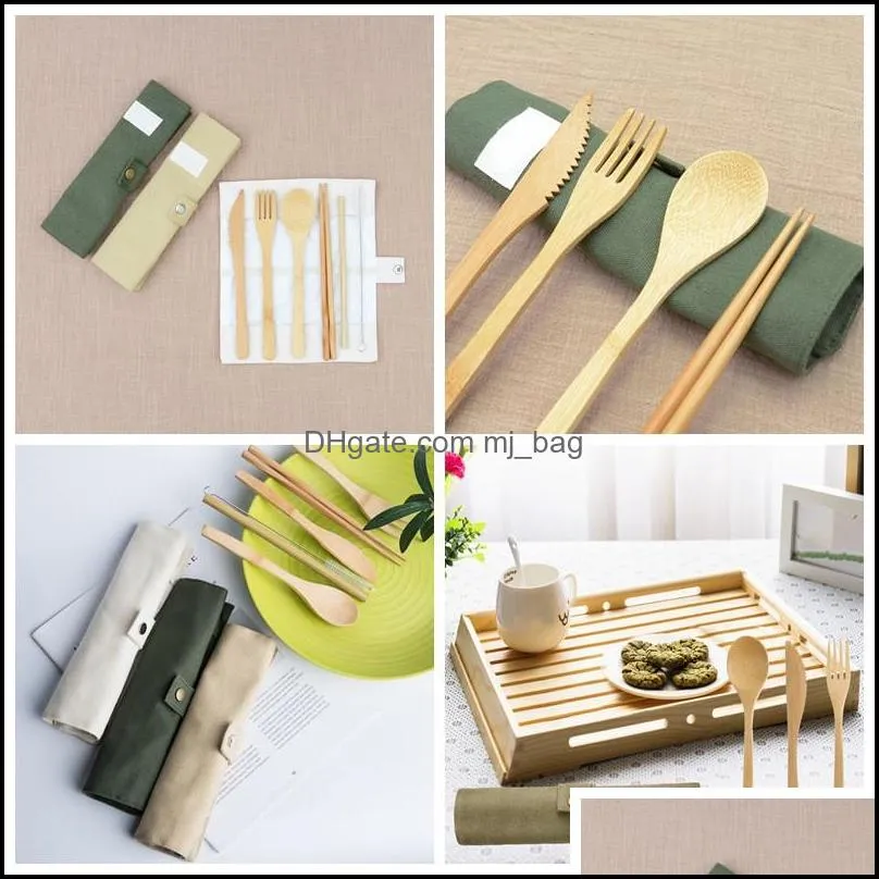 portable wooden cutlery set travel bamboo flatware set knife chopsticks fork spoon dinnerware sets camping utensils 7pcs/set