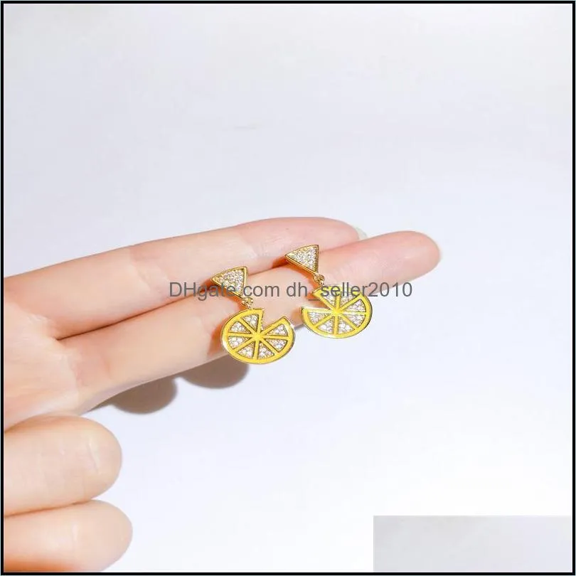 stud summer yellow orange lemon slice fruit lovely earrings for women inlaid rhinestone crystal cute korean girl jewelry
