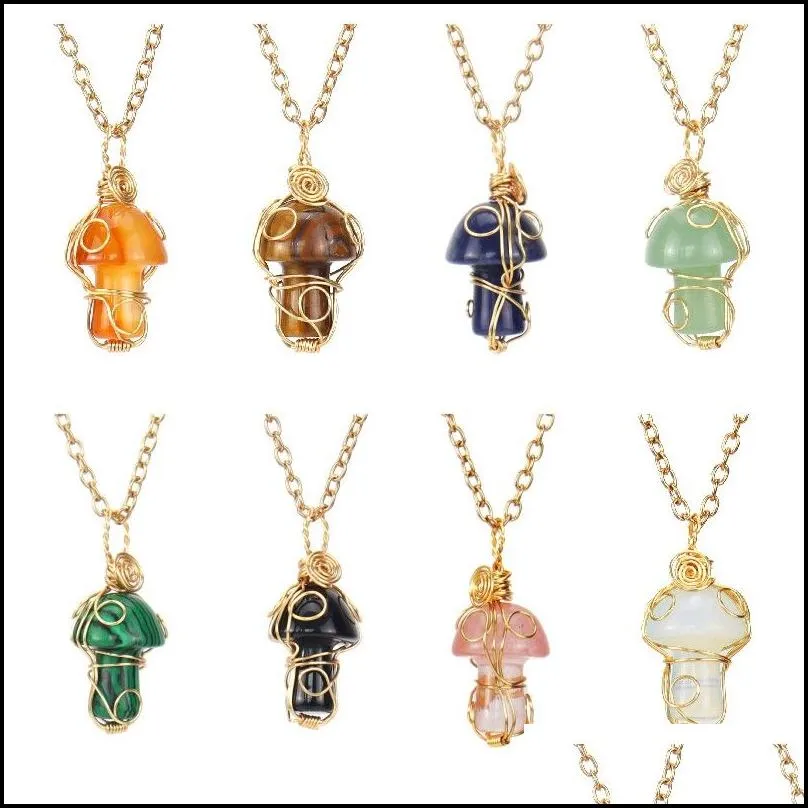 gold silver carved gemstones mushroom pendant charms black rope chain women healing crystals figurine pendant necklace jewelry