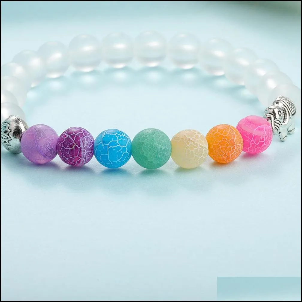 men women elephant charms 7 chakra bracelet clear white agate colorful wind fossils bead bracelet jewelry