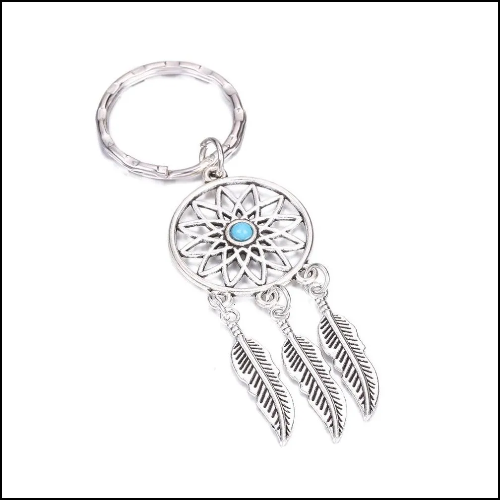 antique silver tassel beads feather dreamcatcher keychain women wind chimes key chain leaf car bag decoration indian style