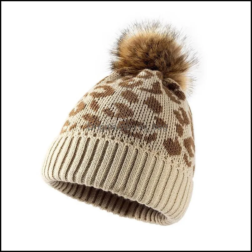 winter women warm hat knitted leopard print cap curled wool ball outdoor ladies
