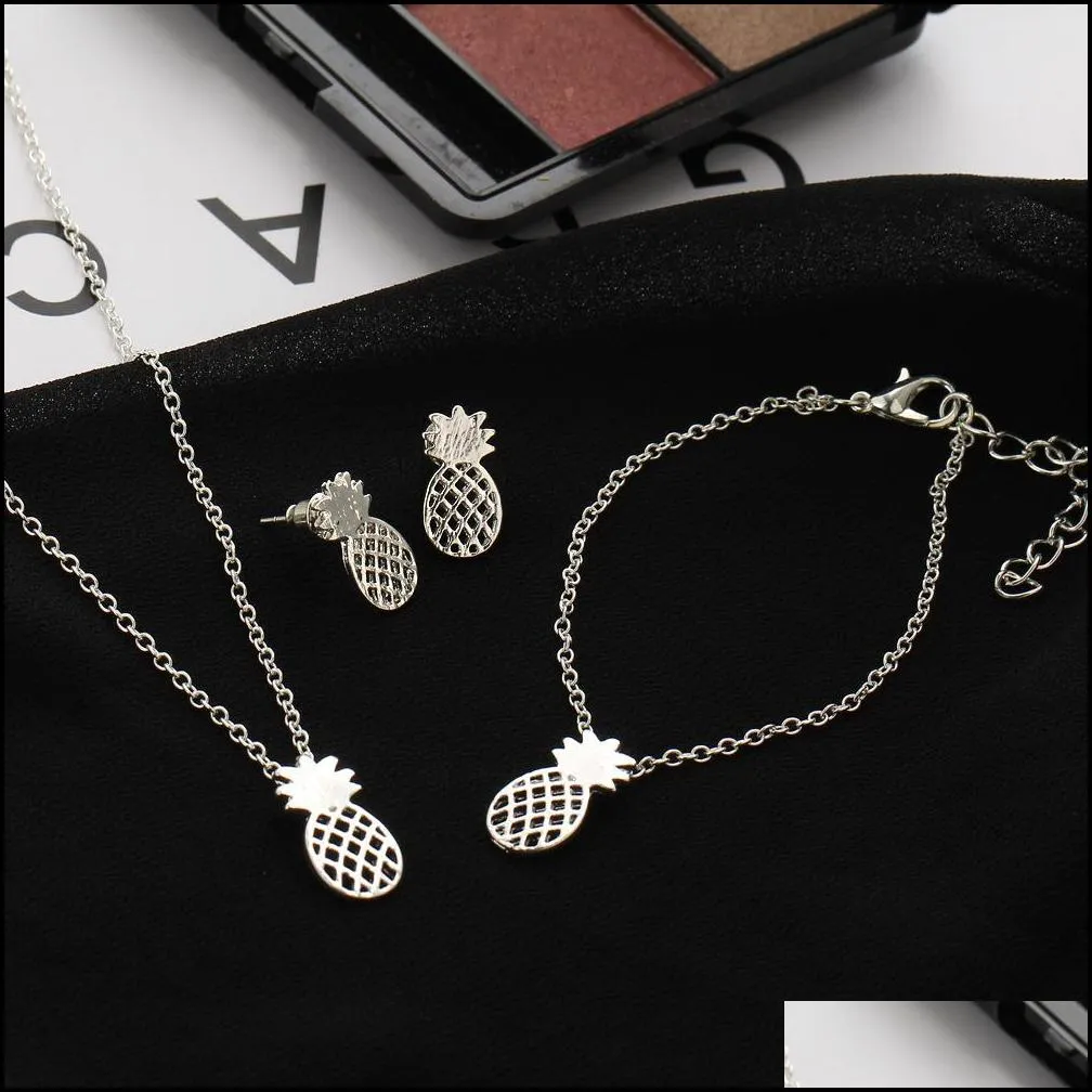 new fashion cute jewelry set hollow out pineapple pendant necklace bracelet earrings set accessories unique gifts for women girls