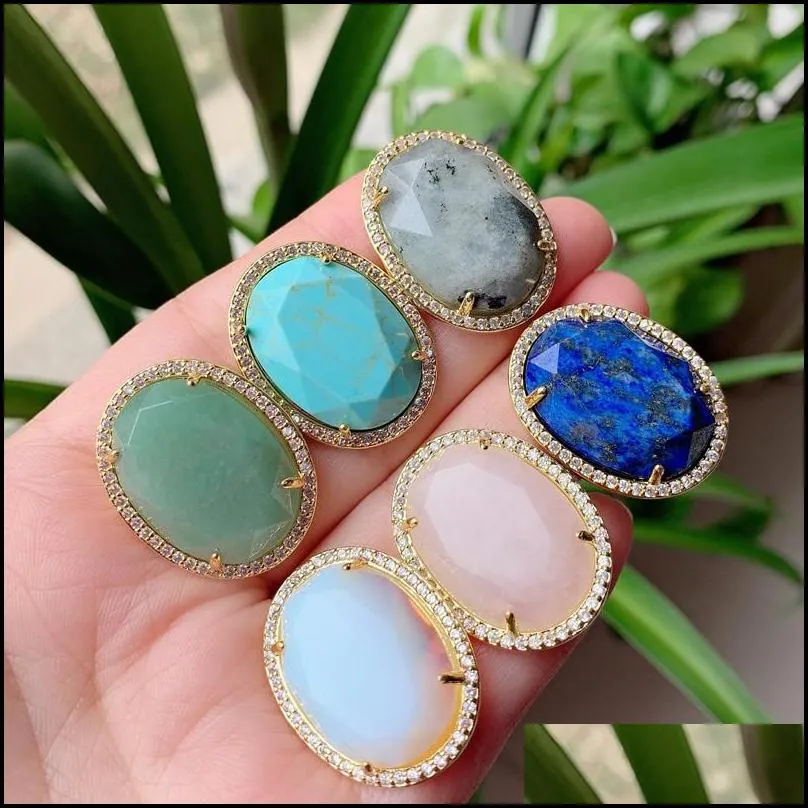 natural agates rhinestone crystal ring pink quartz lapis labradorite opal stone opening cuff rings women party wedding jewelry