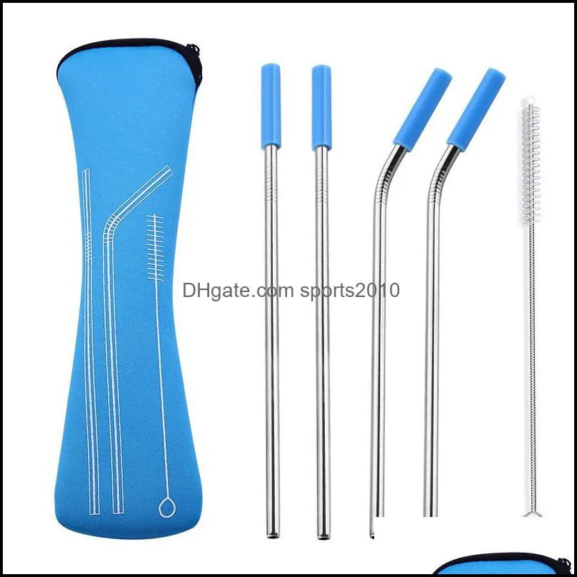 reusable stainless steel straw set straight bent straw cleaning brush 6pcs / set juice straw with travel neoprene storage bag