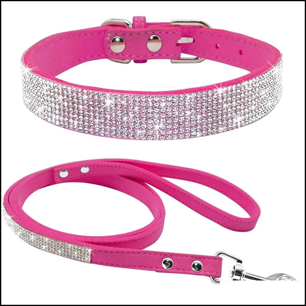 adjustable suede leather puppy dog collar leash set soft rhinestone small medium dogs cats collars walking leashes pink xs s m276y