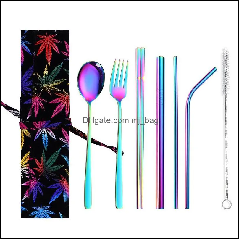 stainless steel straw chopsticks spoons knife set colorful milk tea straws with cleaning brush set metal cutlery sets