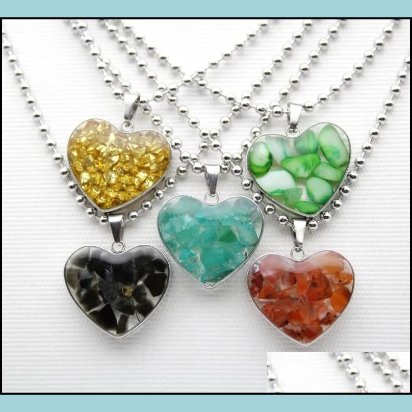 stainless steel chain gravel stone heart glass pendant pink quartz crystal agates turquoises malachite stone necklace