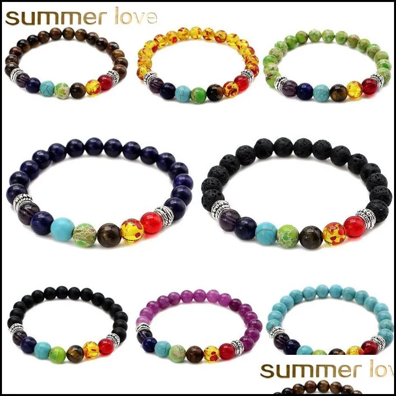 natural stone tiger eye 7 chakra bracelets bangles yoga balance beads buddha prayer elastic bracelet men women jewelry gift