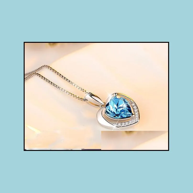 2 color sterling silver heart patern pendant necklace 925 silver chain with red blue cubic zirconia gem necklace2457