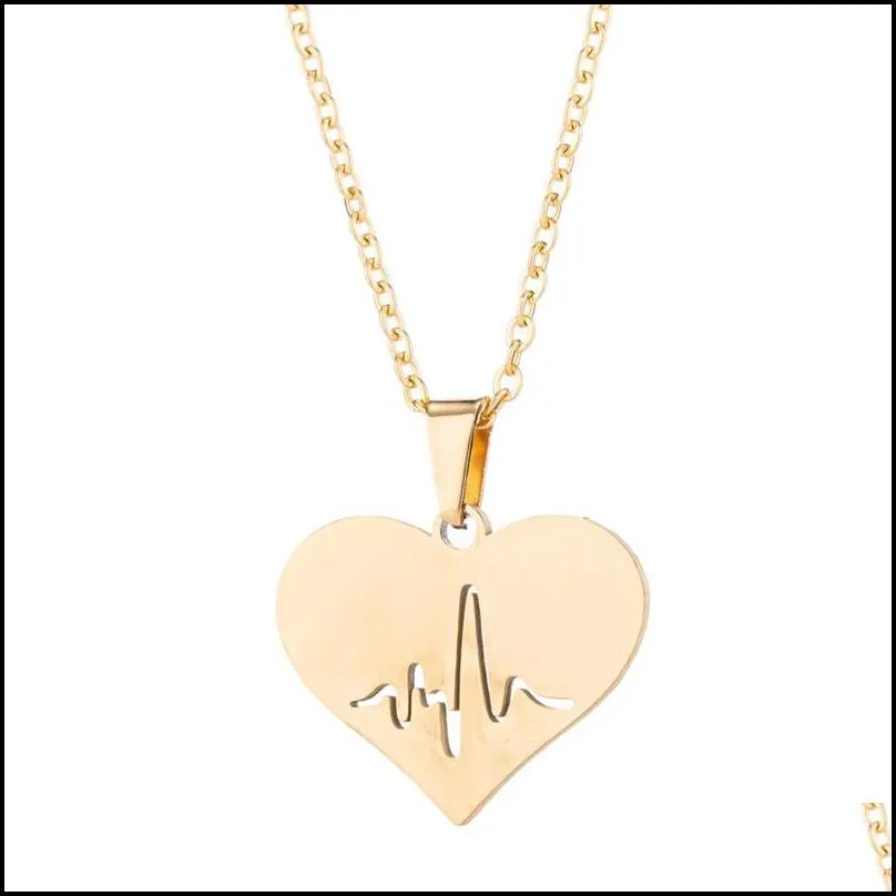 stainless steel love heart necklace women gold heartbeat stud earrings jewelry sets for girls wedding jewelry