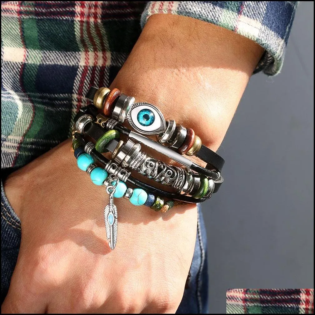fashion turkey blue eyes leather bracelets beaded braided alloy hand for men and women bracelets lucky wholesale jewelry gift