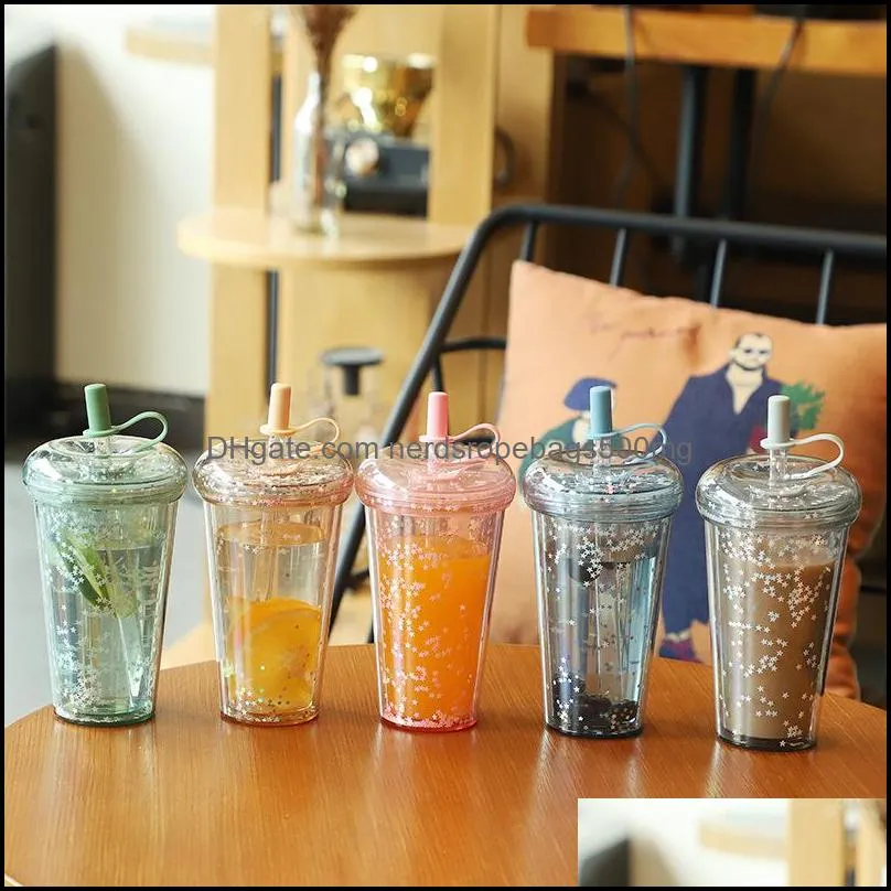 520ml tumbler with straws double layer leakproof milk coffee glitter water bottles
