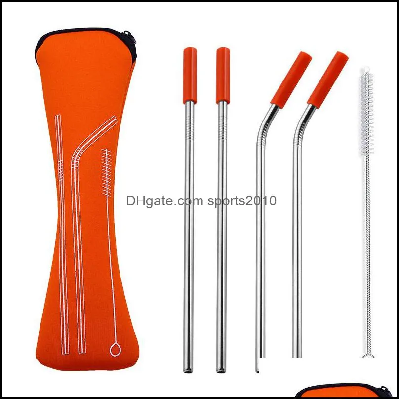 reusable stainless steel straw set straight bent straw cleaning brush 6pcs / set juice straw with travel neoprene storage bag