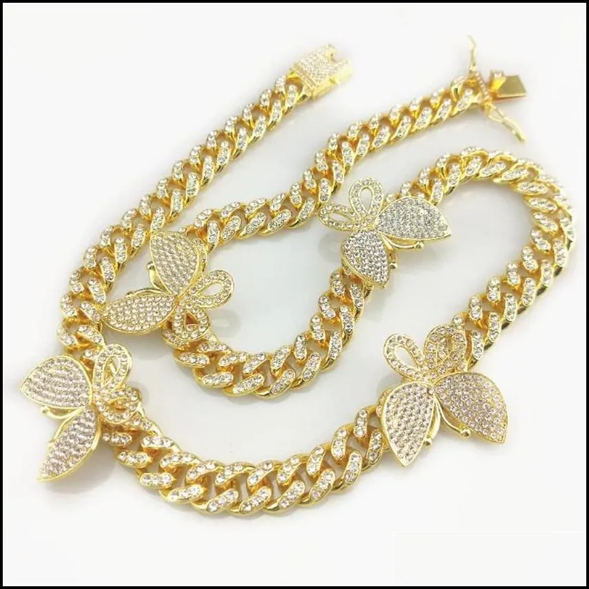 iced out bling cz  cuban link chain butterfly charm choker necklace hip hop men women jewelry1291z