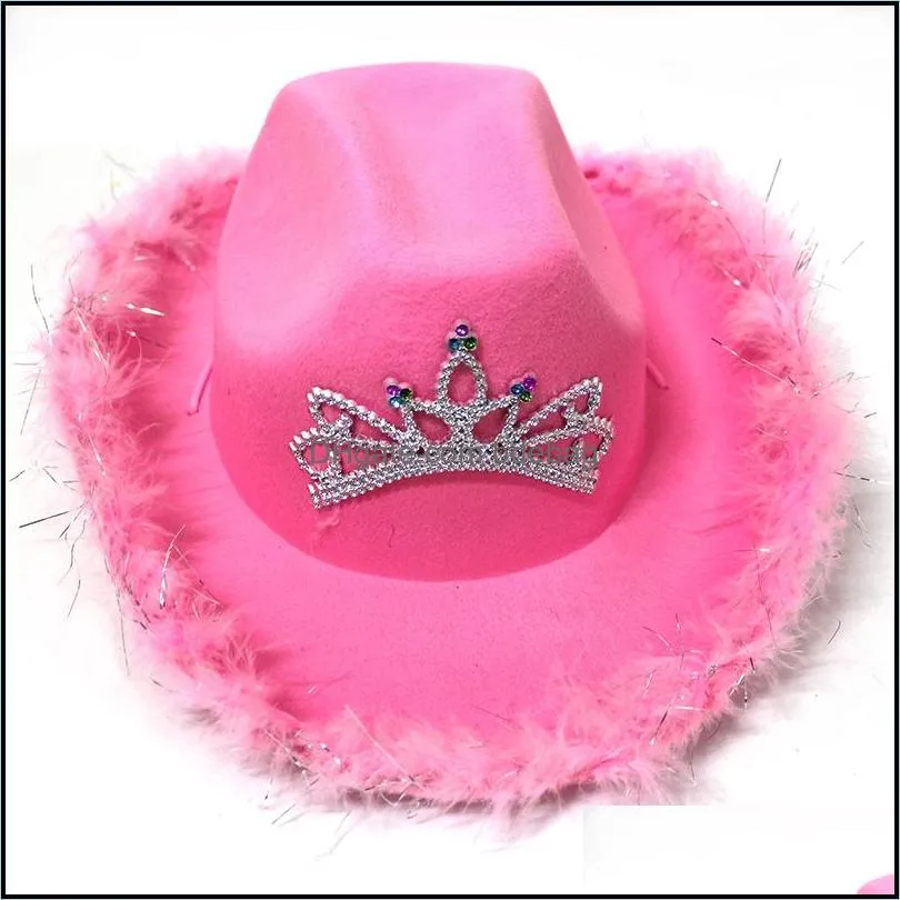 pink tiara cowgirl hat for women girls wide brim fedora  cap western style holiday cosplay party hats 699 v2