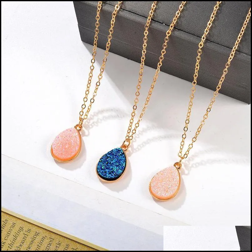 trendy resin stone druzy necklaces drop shape stone necklaces pendants for women gold pendant necklace fashion summer jewelry