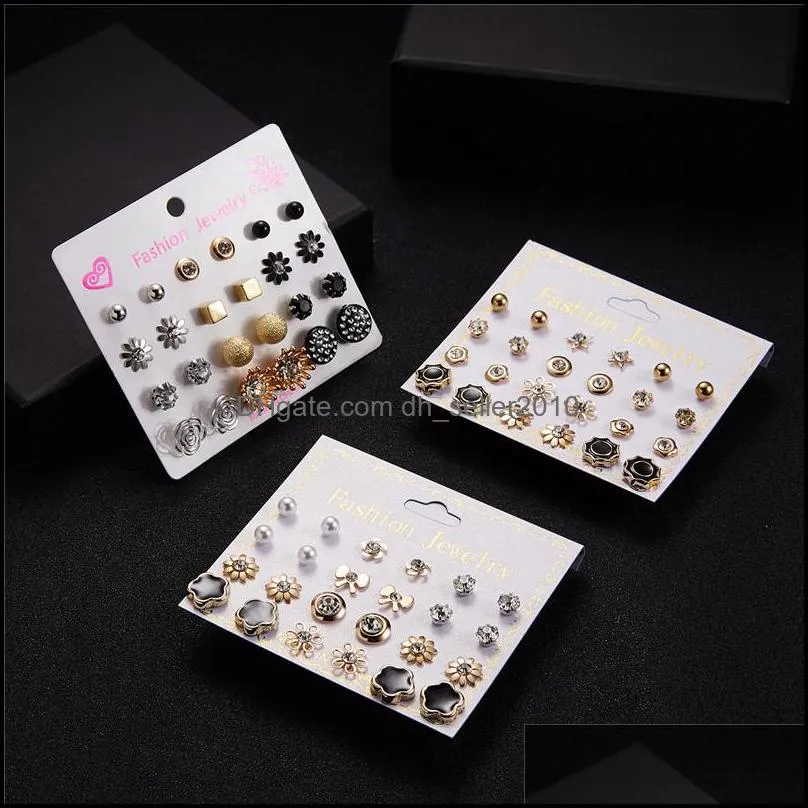 12pairs/set fashion crystal bead charm stud earrings set for women geometric flower bowknot pearl earring statement party jewelry gift