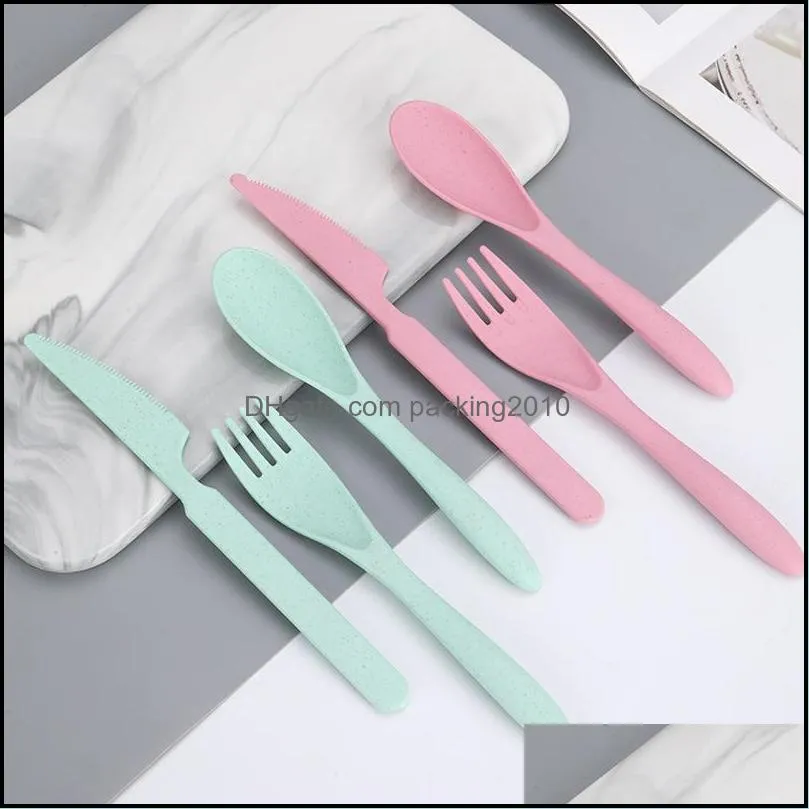 new multicolor wheat straw portable cutlery knife fork spoon three piece travel anti falling cutlery activity gift set 1402 t2