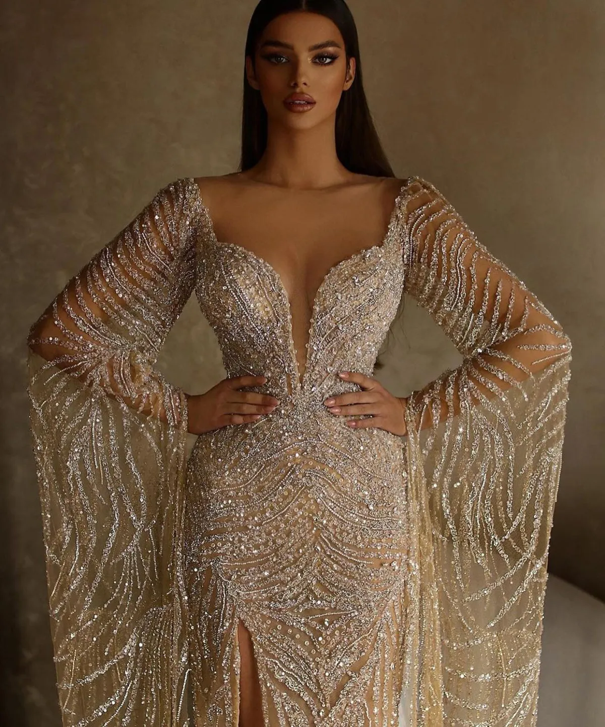 Saudi Arabia Haute Couture Mermaid Wedding Dress Illusion High Split Bridal Gowns Bride Princess Celebrity Beads Sequins Robes