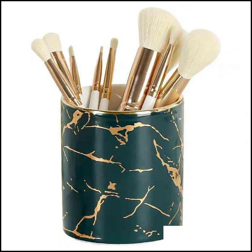 ins marble pattern pen holder cosmetic jewelry storage box makeup brush lipstick ceramic jar home table organizer 211102