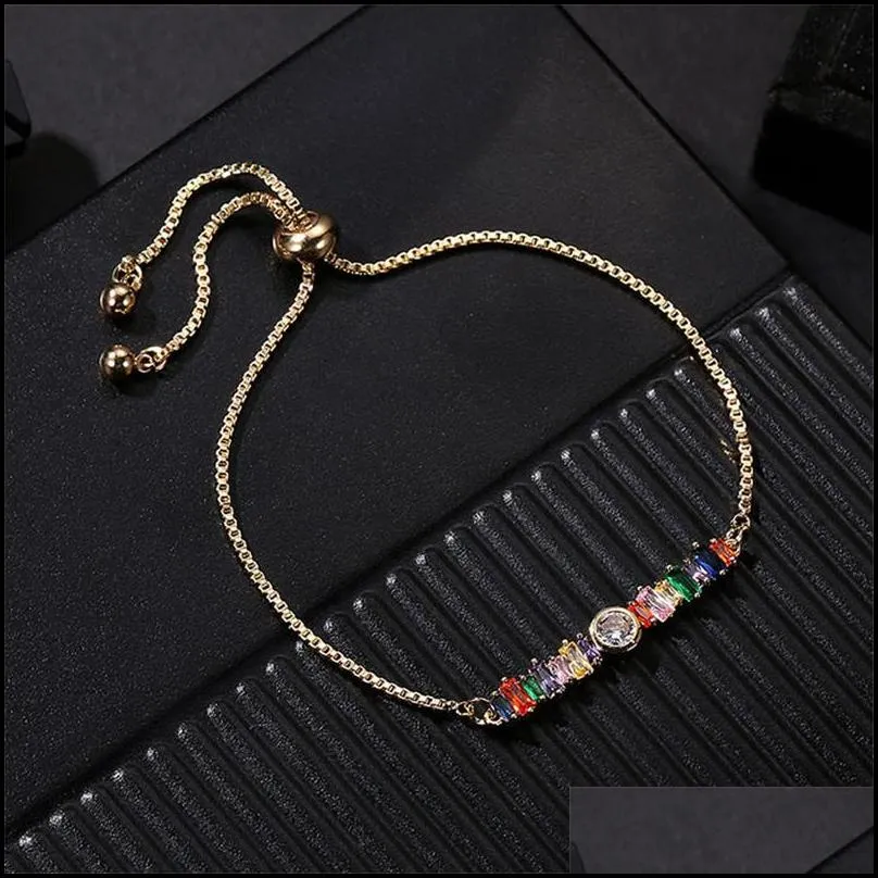 gold rainbow zircon bracelet colorful adjustable chain tennis rainbow bracelet for women girls fashion jewelry box chain bracelet