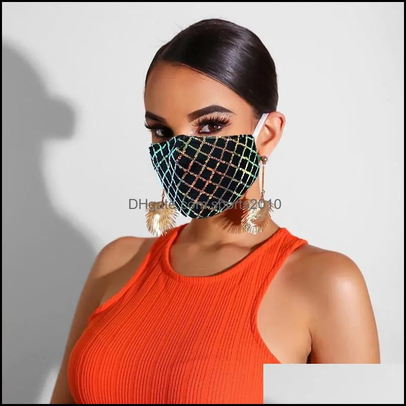 lace lattice sequin face mask fashion earloop adjustable black protect mascarilla women breathable anti dust mouth respirator 5 2hs g2